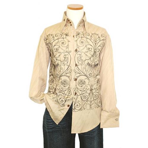 Manzini Tan with Brown Embroidery And Diagonal Stripes Long Sleeves 100% Cotton Shirt MZ-700